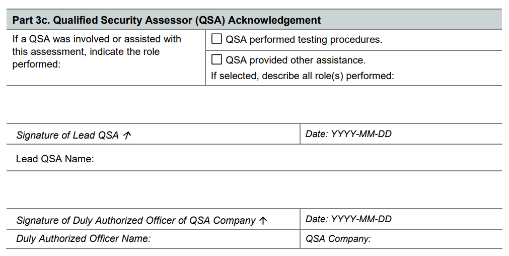 Part 3c of a PCI DSS SAQ Attestation of Compliance, the Qualified Security Assessor acknowledgement. Checkboxes for testing procedures or other assistance, then signatures for the lead QSA and a QSA company officer.